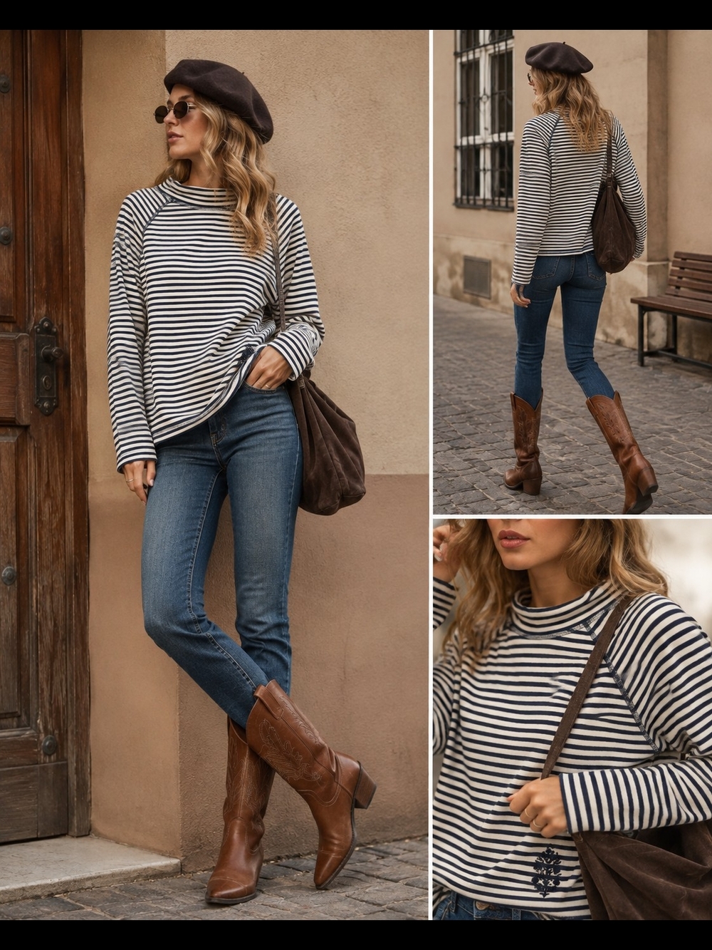 FP Movement by Free People Navy and White Striped Crewneck Sweater